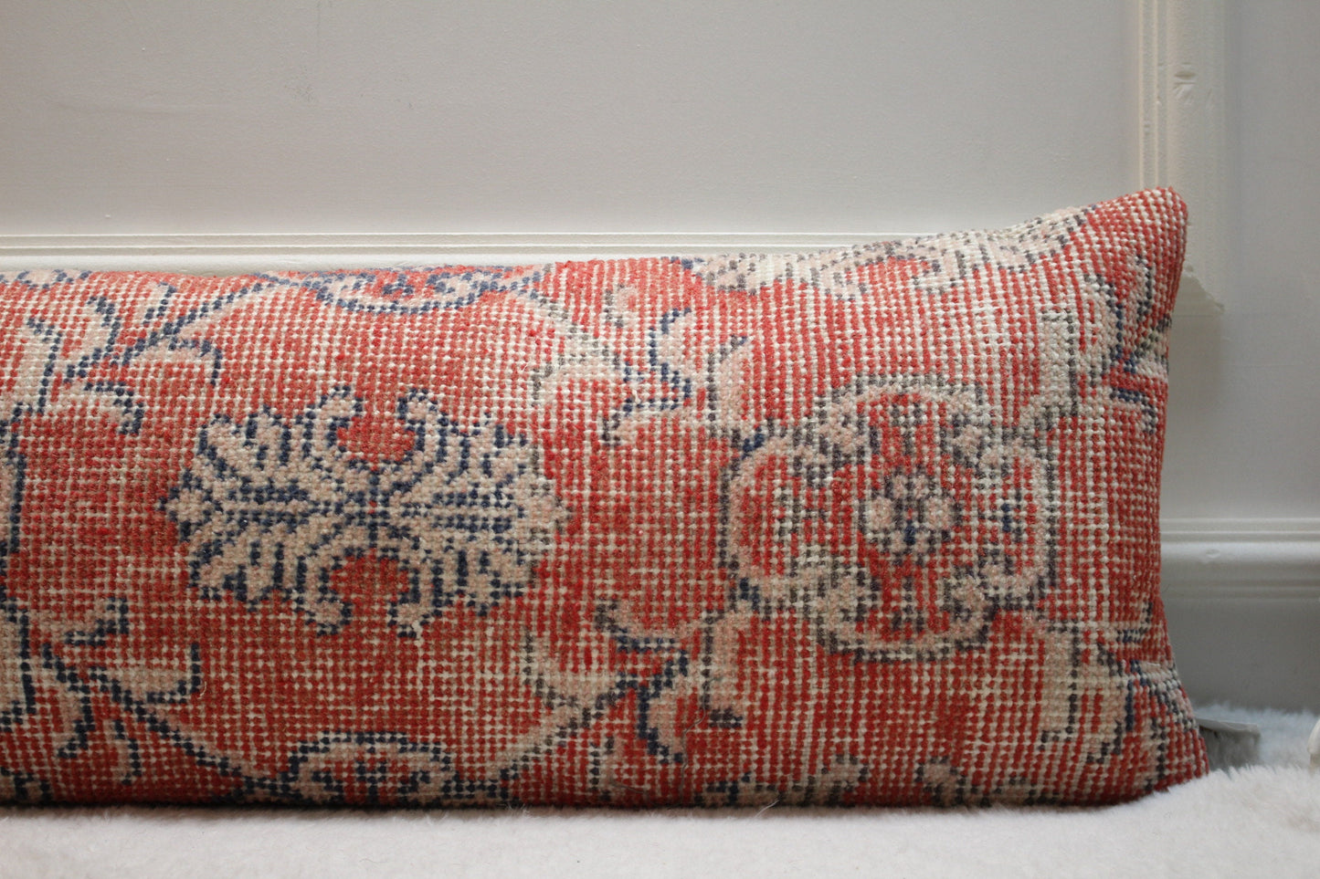 Floral Turkish Rug Lumbar Pillow Cover: Vintage Wool Pillow Case (12x36 in)