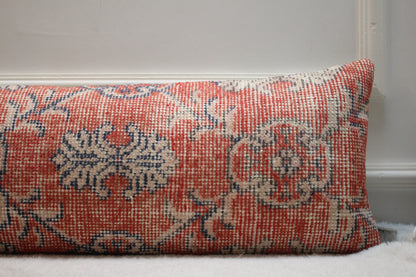 Floral Turkish Rug Lumbar Pillow Cover: Vintage Wool Pillow Case (12x36 in)