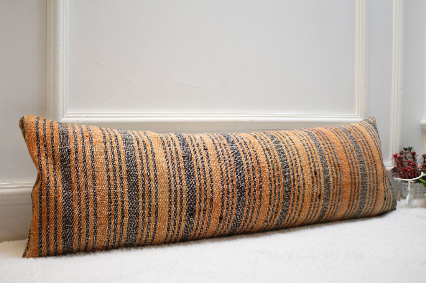 Orange Gray Kilim Pillow Cover: Handmade Organic Wool Lumbar Pillow (12x36 in)
