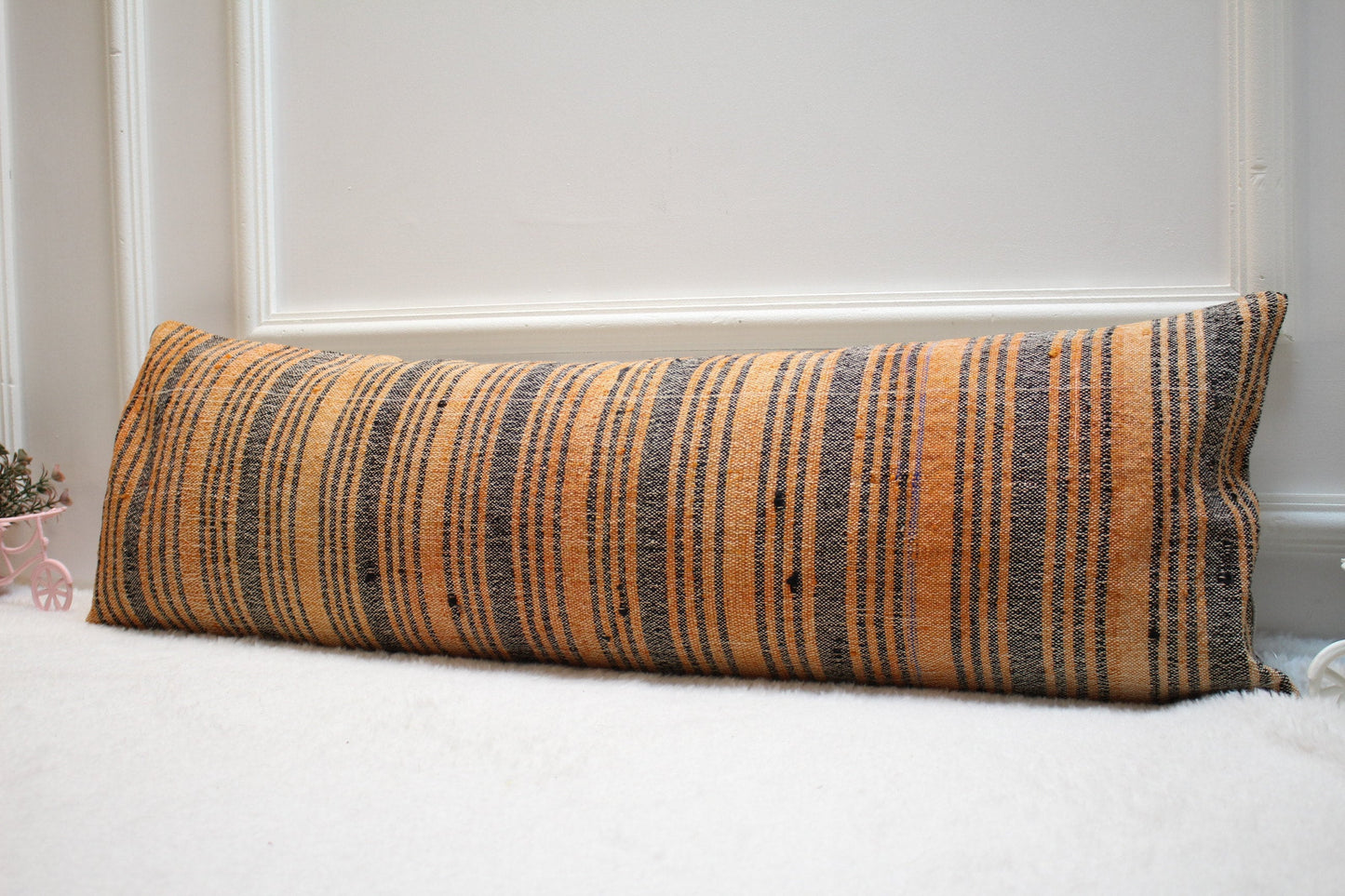 Orange Gray Kilim Pillow Cover: Handmade Organic Wool Lumbar Pillow (12x36 in)