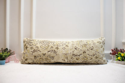 Floral Kilim Lumbar Pillow Cover: Organic Wool Turkish Rug, 12x36 inch