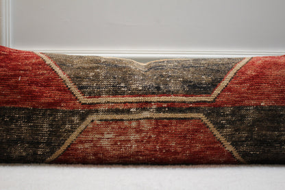 Handmade Turkish Kilim Pillow Cover: Red Black Lumbar Pillow (12x36 in)