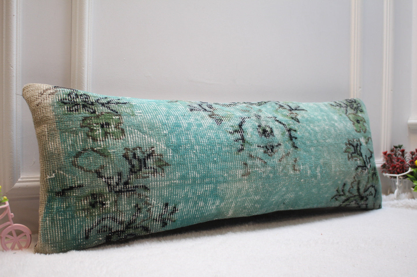 Blue Turkish Rug Lumbar Pillow Cover: Handmade Woven Wool, 12x36 in