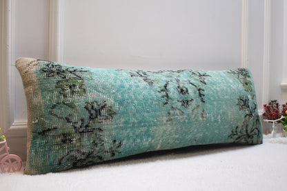 Blue Turkish Rug Lumbar Pillow Cover: Handmade Woven Wool, 12x36 in