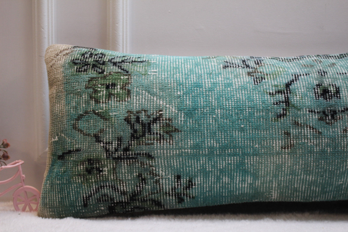 Blue Turkish Rug Lumbar Pillow Cover: Handmade Woven Wool, 12x36 in
