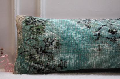 Blue Turkish Rug Lumbar Pillow Cover: Handmade Woven Wool, 12x36 in