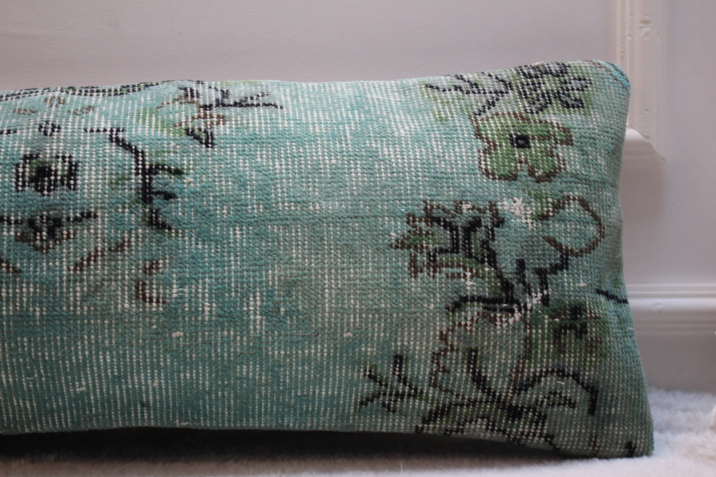 Blue Turkish Rug Lumbar Pillow Cover: Handmade Woven Wool, 12x36 in