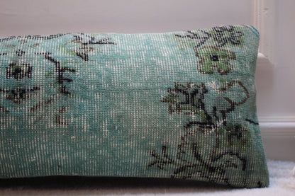 Blue Turkish Rug Lumbar Pillow Cover: Handmade Woven Wool, 12x36 in