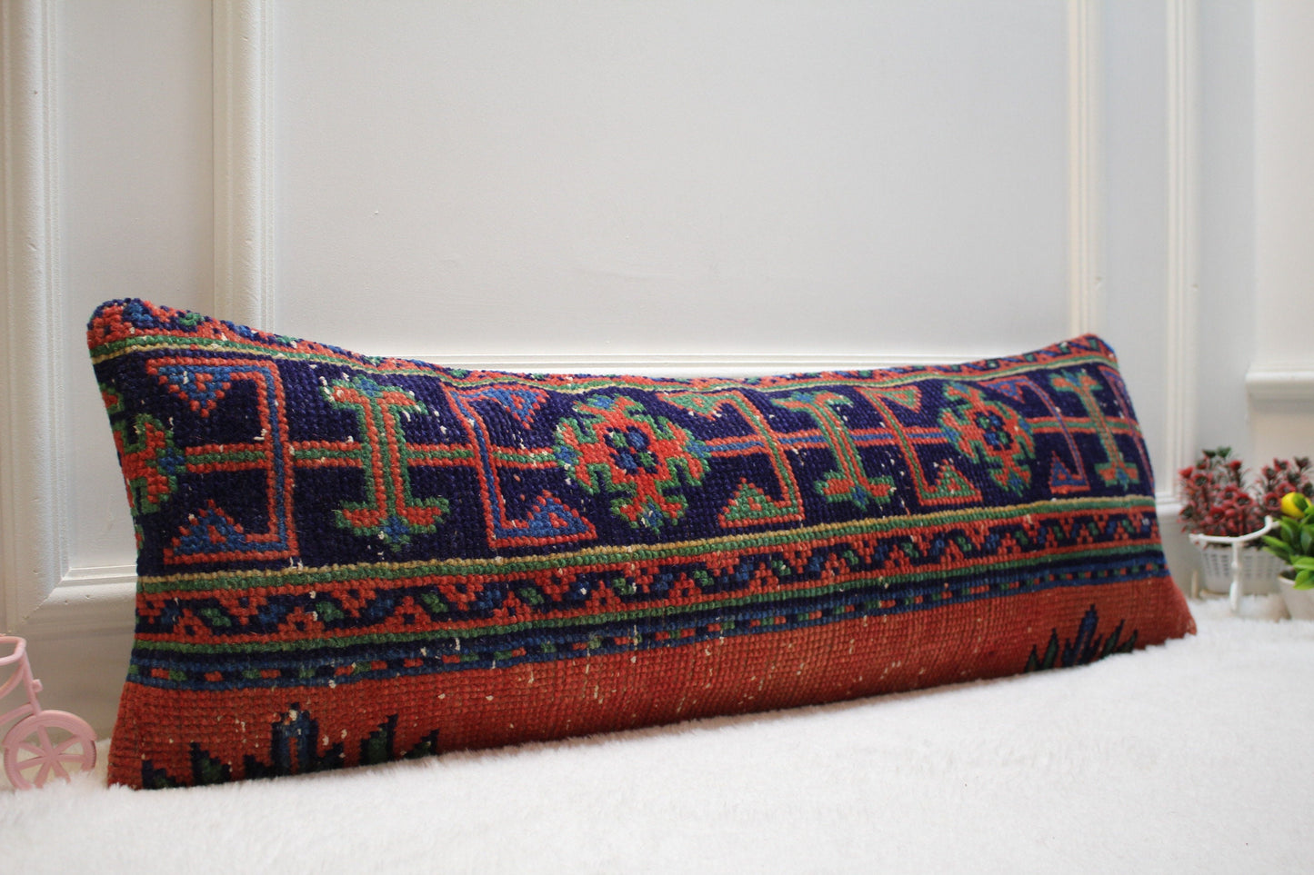 Handmade Geometric Kilim Lumbar Pillow Cover: Upcycled Turkish Rug, 12x36 inch