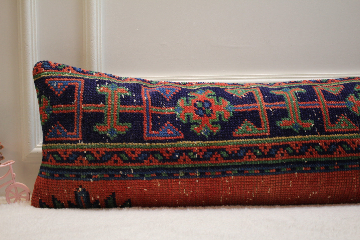 Handmade Geometric Kilim Lumbar Pillow Cover: Upcycled Turkish Rug, 12x36 inch
