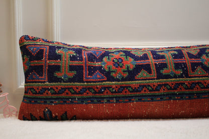 Handmade Geometric Kilim Lumbar Pillow Cover: Upcycled Turkish Rug, 12x36 inch