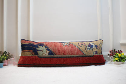 Handmade Red Kilim Lumbar Pillow Cover: Vintage Turkish Rug, 12x36 inch