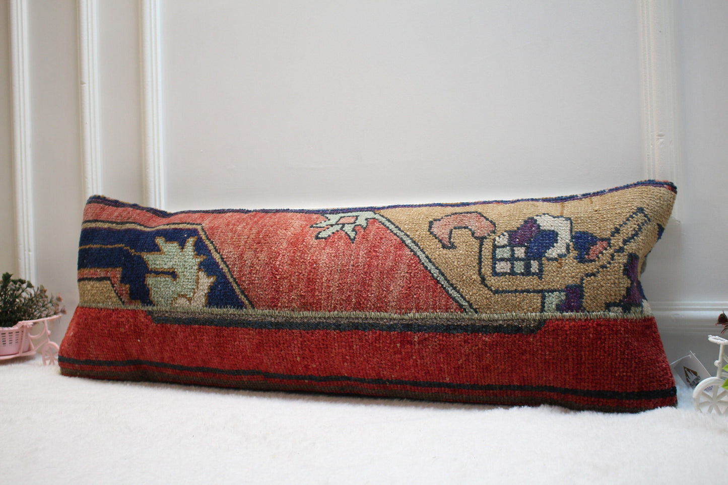 Handmade Red Kilim Lumbar Pillow Cover: Vintage Turkish Rug, 12x36 inch