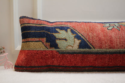 Handmade Red Kilim Lumbar Pillow Cover: Vintage Turkish Rug, 12x36 inch