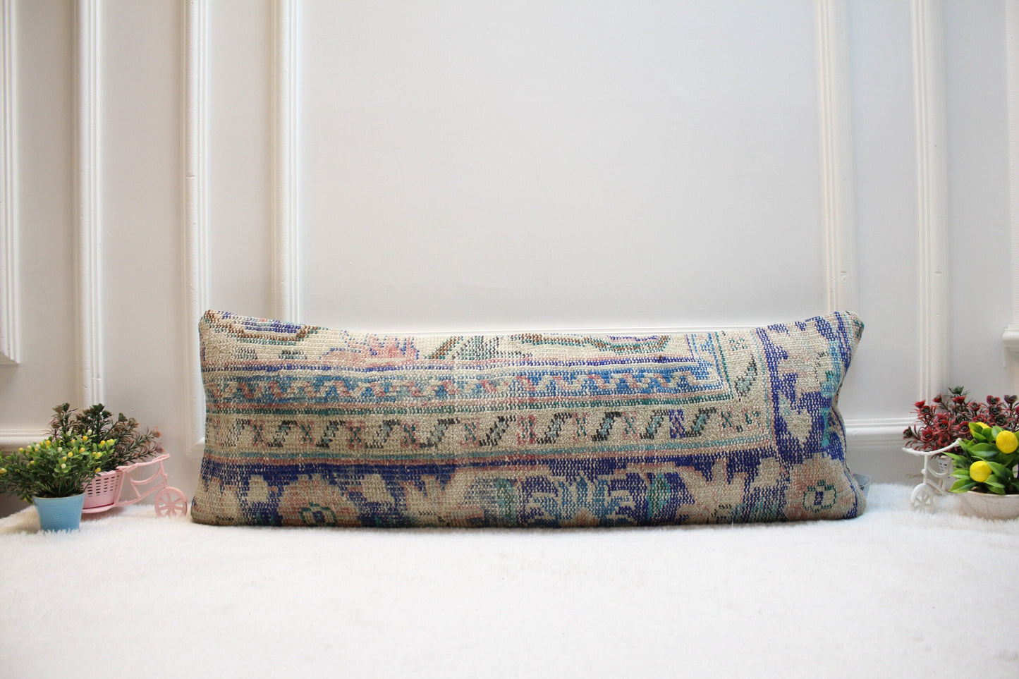 Handmade Blue Kilim Lumbar Pillow Cover: Upcycled Rug, 12x36 inc