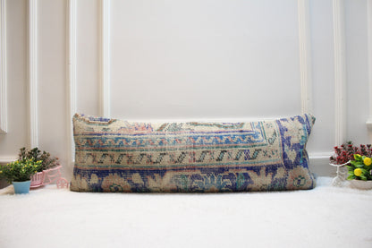 Handmade Blue Kilim Lumbar Pillow Cover: Upcycled Rug, 12x36 inc