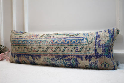 Handmade Blue Kilim Lumbar Pillow Cover: Upcycled Rug, 12x36 inc