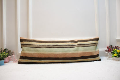 Handmade Striped Kilim Lumbar Pillow Cover: Organic Wool, 12x36 inch
