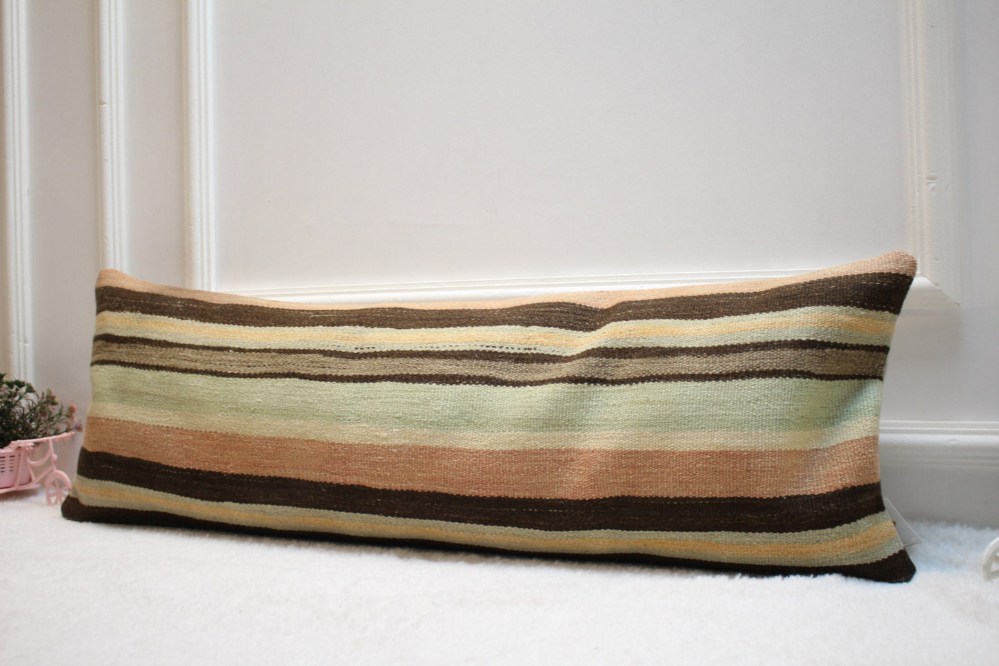 Handmade Striped Kilim Lumbar Pillow Cover: Organic Wool, 12x36 inch