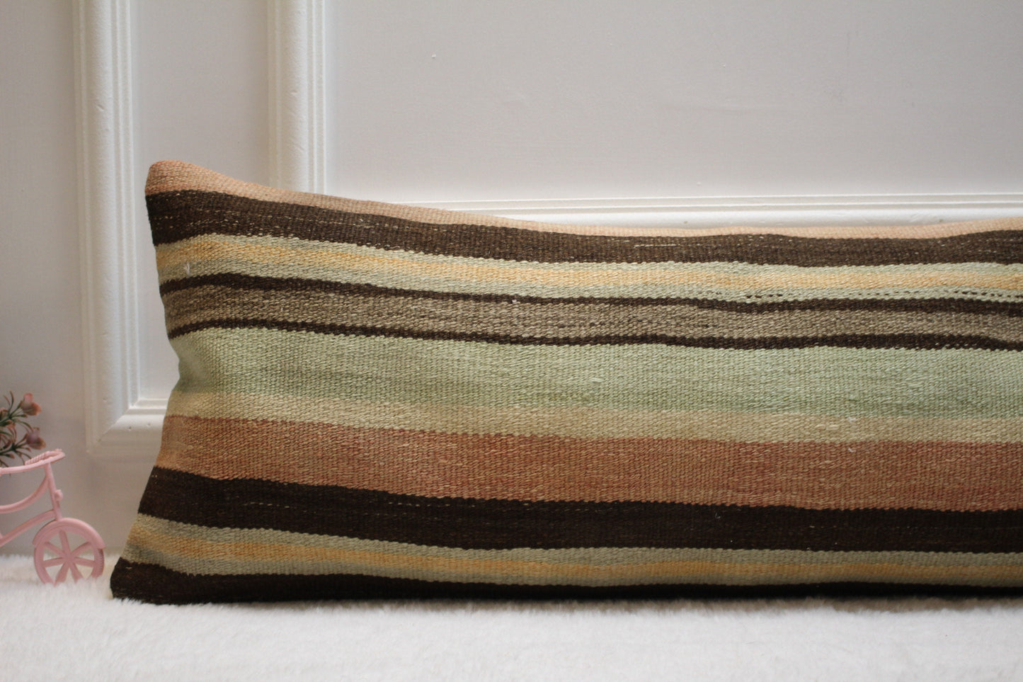 Handmade Striped Kilim Lumbar Pillow Cover: Organic Wool, 12x36 inch