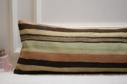 Handmade Striped Kilim Lumbar Pillow Cover: Organic Wool, 12x36 inch