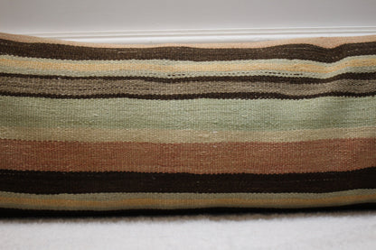 Handmade Striped Kilim Lumbar Pillow Cover: Organic Wool, 12x36 inch