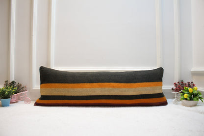 Striped Turkish Kilim Pillow: Long Lumbar Pillow Cover (12x36 in)