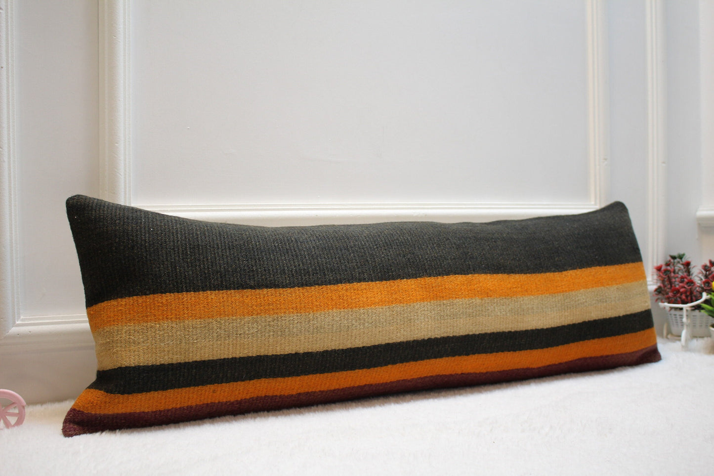 Striped Turkish Kilim Pillow: Long Lumbar Pillow Cover (12x36 in)