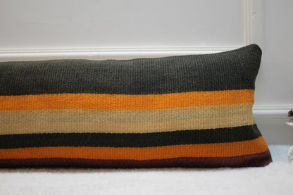 Striped Turkish Kilim Pillow: Long Lumbar Pillow Cover (12x36 in)
