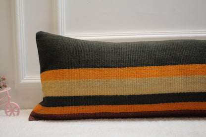 Striped Turkish Kilim Pillow: Long Lumbar Pillow Cover (12x36 in)