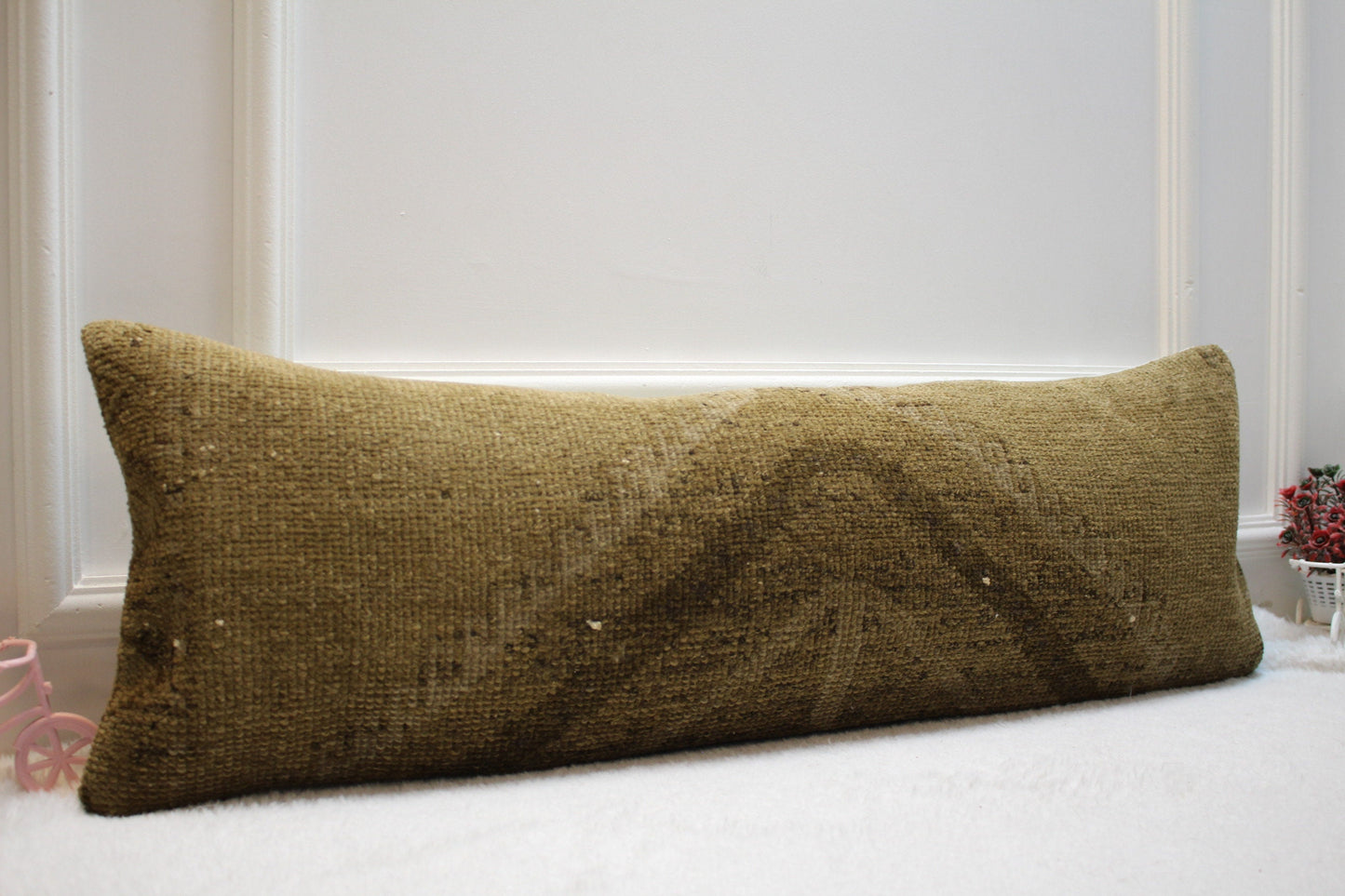 Handmade Turkish Kilim Lumbar Pillow Cover: Upcycled Woven Rug (12x36 in)