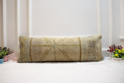 Vintage Turkish Rug Lumbar Pillow Cover: Beige Brown Woven Pillow Case (12x36 in)