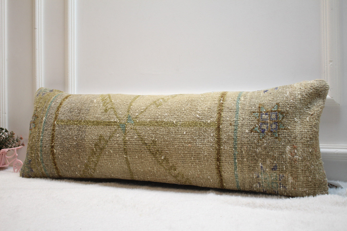 Vintage Turkish Rug Lumbar Pillow Cover: Beige Brown Woven Pillow Case (12x36 in)