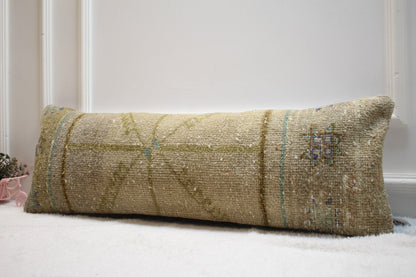 Vintage Turkish Rug Lumbar Pillow Cover: Beige Brown Woven Pillow Case (12x36 in)