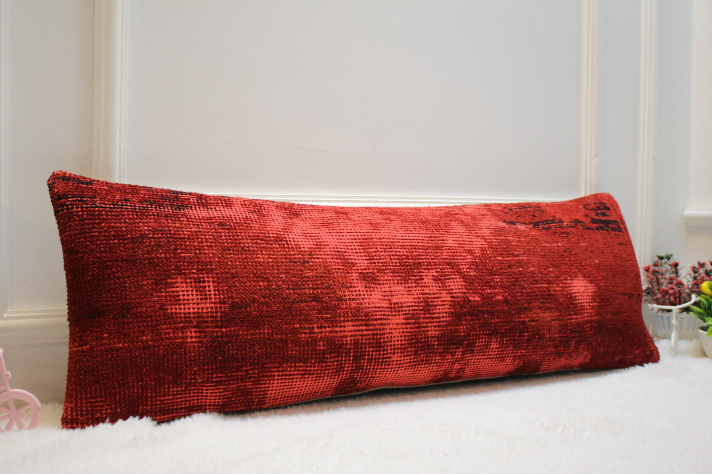 Handmade Red Kilim Lumbar Pillow Cover: Turkish Rug Pillow (12x36 in)