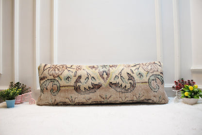 Handmade Wool Lumbar Pillow Cover: Upcycled Anatolian Rug, 12x36 inc