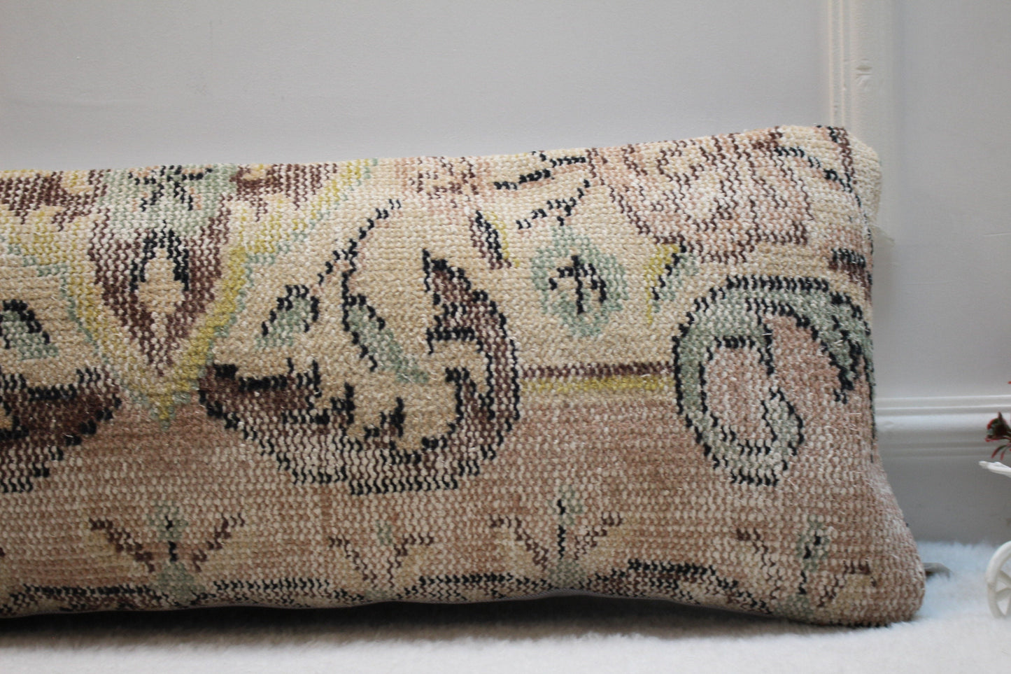 Handmade Wool Lumbar Pillow Cover: Upcycled Anatolian Rug, 12x36 inc