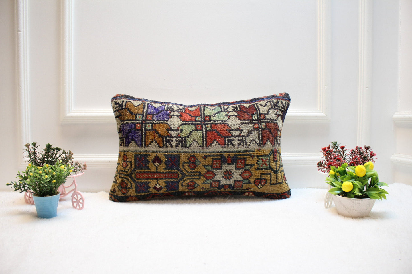 Handmade Kilim Lumbar Pillow Cover: Upcycled Woven Rug, 12x20