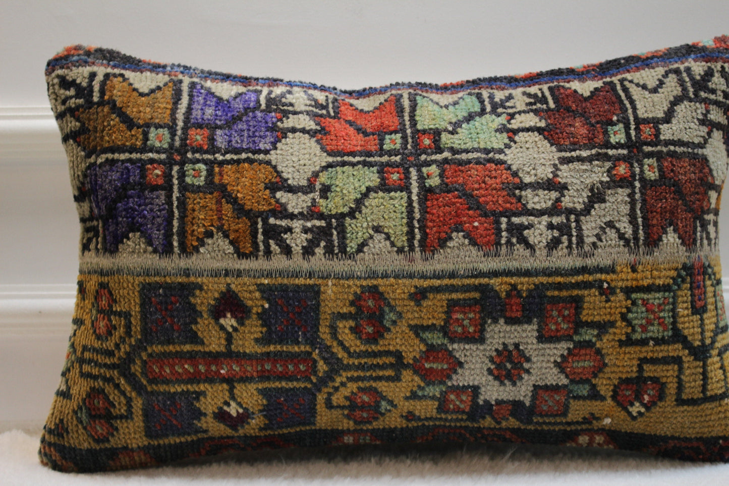 Handmade Kilim Lumbar Pillow Cover: Upcycled Woven Rug, 12x20