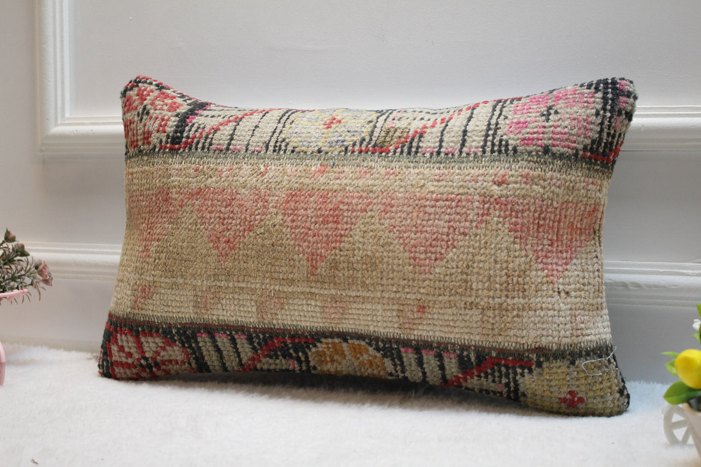 Handmade Pink Kilim Lumbar Pillow Cover: Upcycled Wool Rug, 12x20 inch