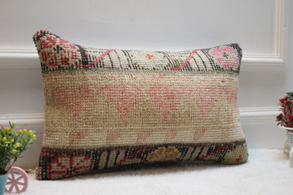 Handmade Pink Kilim Lumbar Pillow Cover: Upcycled Wool Rug, 12x20 inch