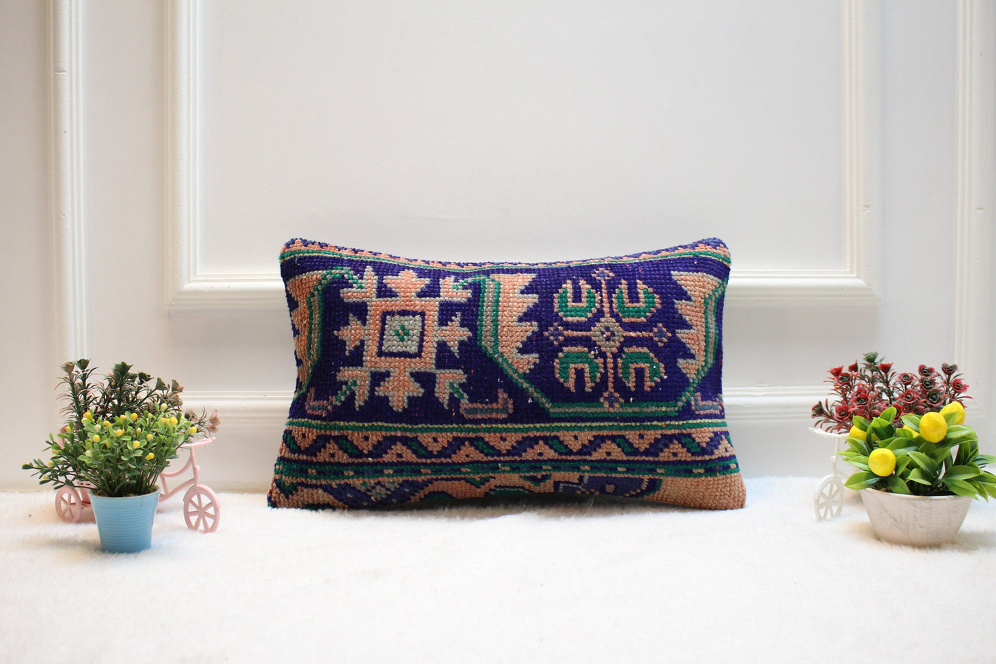 Blue Vintage Turkish Rug Lumbar Pillow Cover: Boho Wool Pillow (12x20 in)