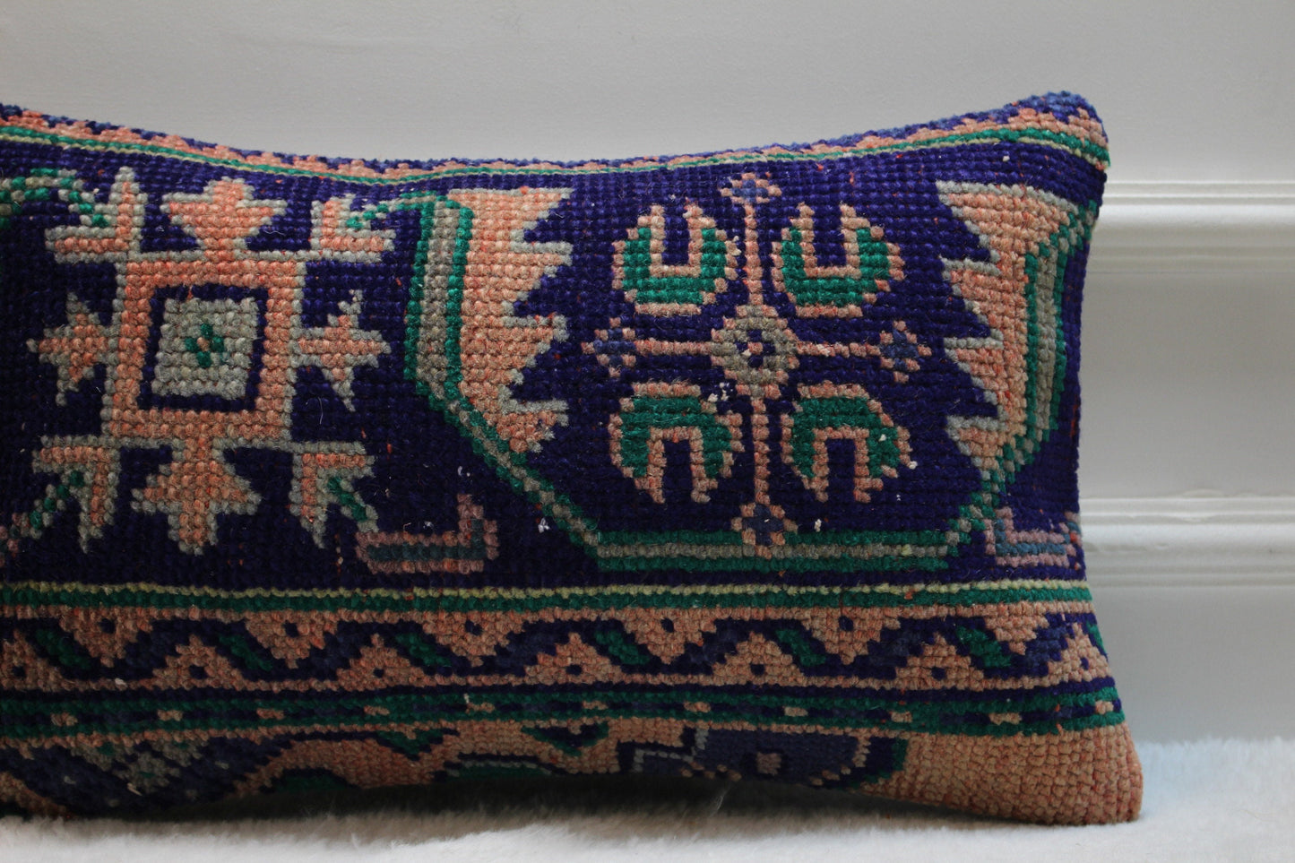 Blue Vintage Turkish Rug Lumbar Pillow Cover: Boho Wool Pillow (12x20 in)