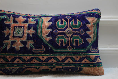 Blue Vintage Turkish Rug Lumbar Pillow Cover: Boho Wool Pillow (12x20 in)
