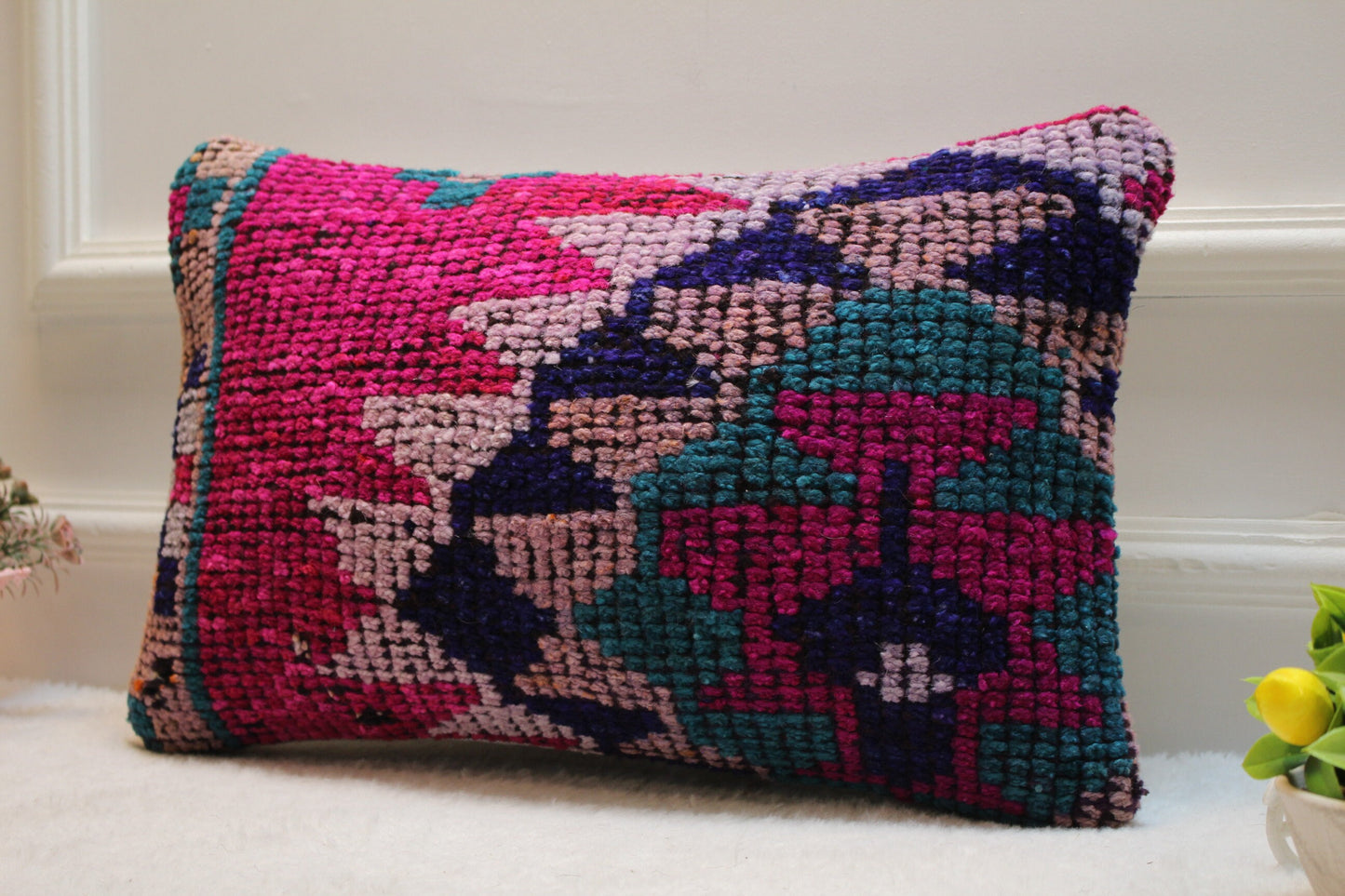 Handmade Kilim Lumbar Pillow Cover: Pink Vintage Rug, 12x20 inc