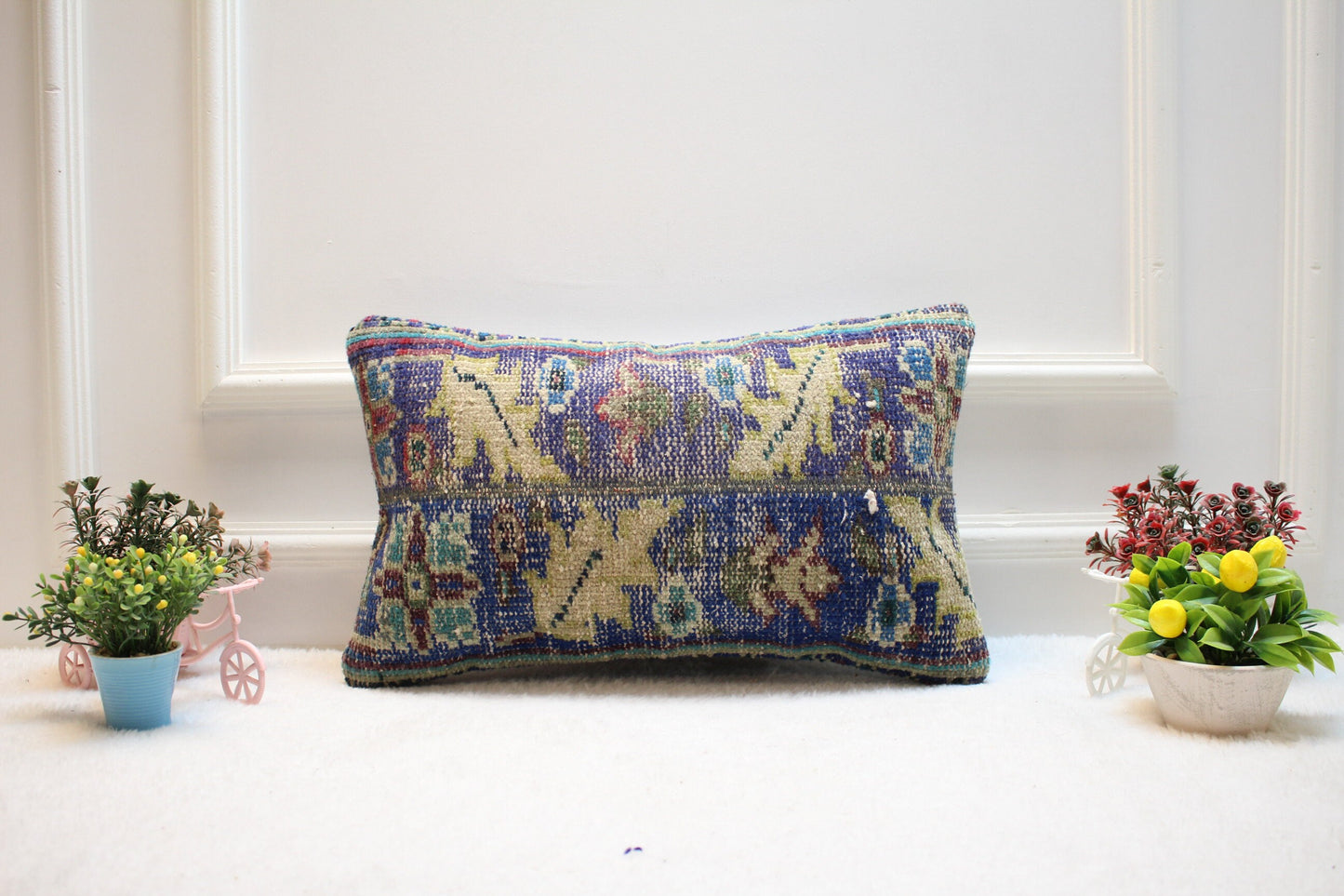 Vintage Floral Rug Pillow Cover: Organic Wool Lumbar Pillow, 12x20 inch