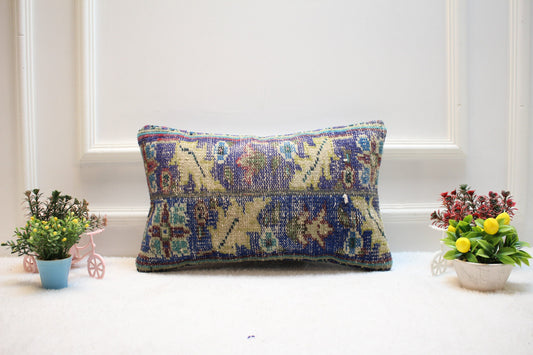 Vintage Floral Rug Pillow Cover: Organic Wool Lumbar Pillow, 12x20 inch