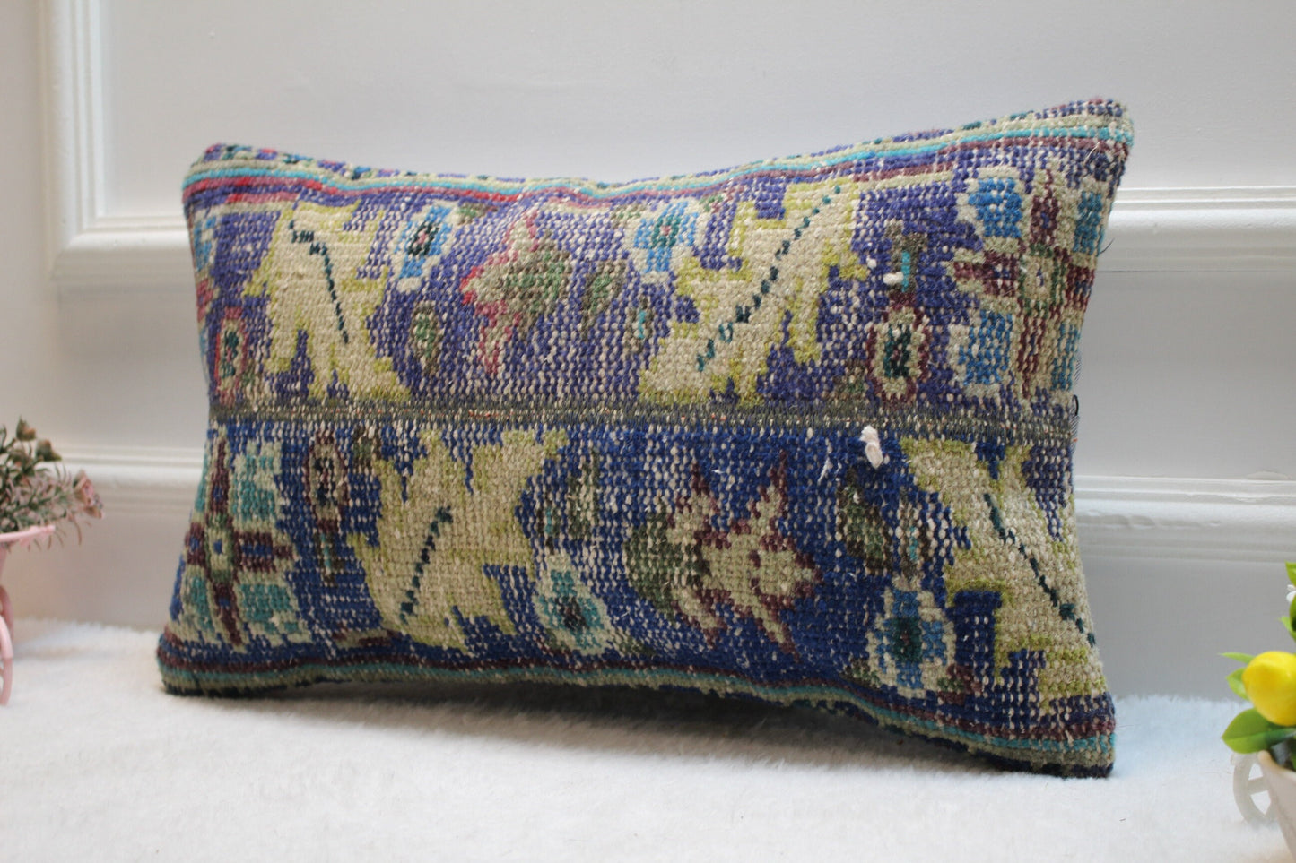 Vintage Floral Rug Pillow Cover: Organic Wool Lumbar Pillow, 12x20 inch