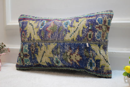 Vintage Floral Rug Pillow Cover: Organic Wool Lumbar Pillow, 12x20 inch