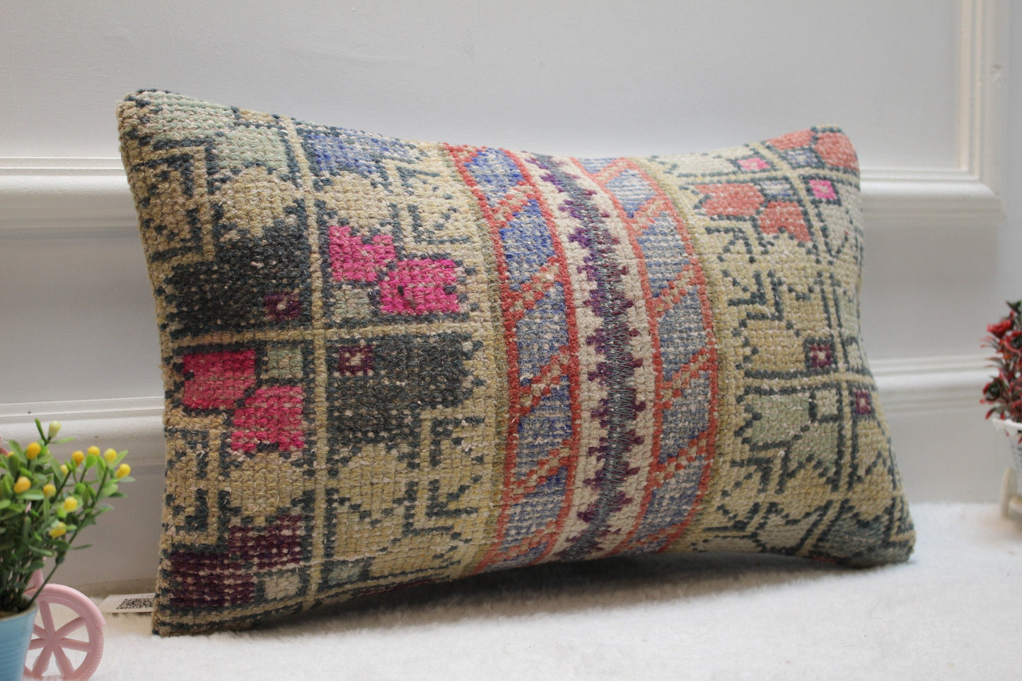 Handmade Turkish Rug Lumbar Pillow: Organic Wool Throw Pillow Case (12x20 inc)